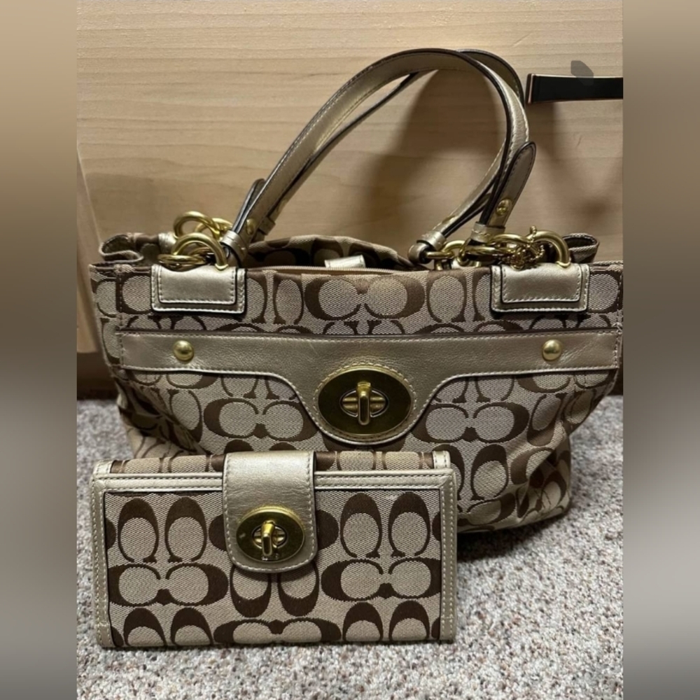 Coach Tan and Gold Signature Shoulder Bag with Wallet